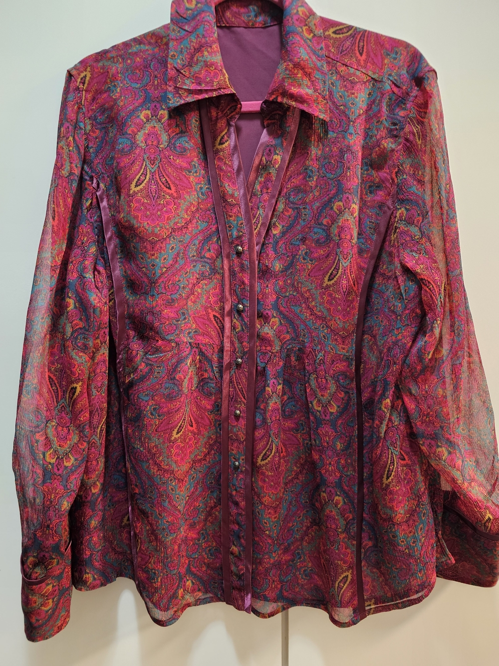 Vibrant Paisley Button-Front Blouse in Fuchsia and Teal